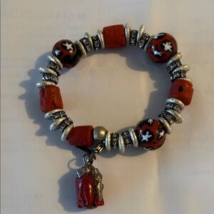 Artisan Red and Silver Beaded Bracelet with Buddha Charm